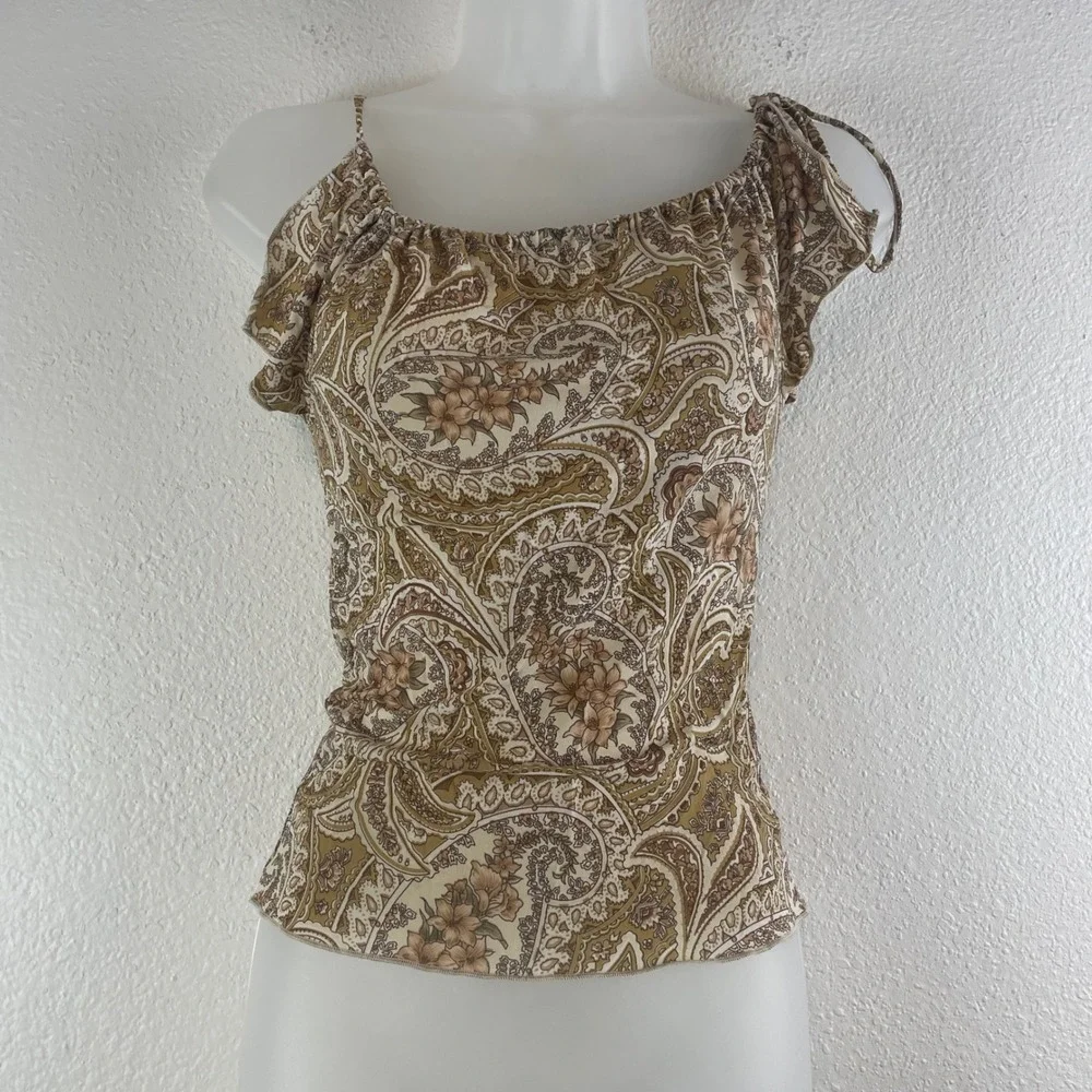 Vtg Charlotte Russe Paisley Floral Cold Shoulder Top Small Brown Tan Y2K Boho